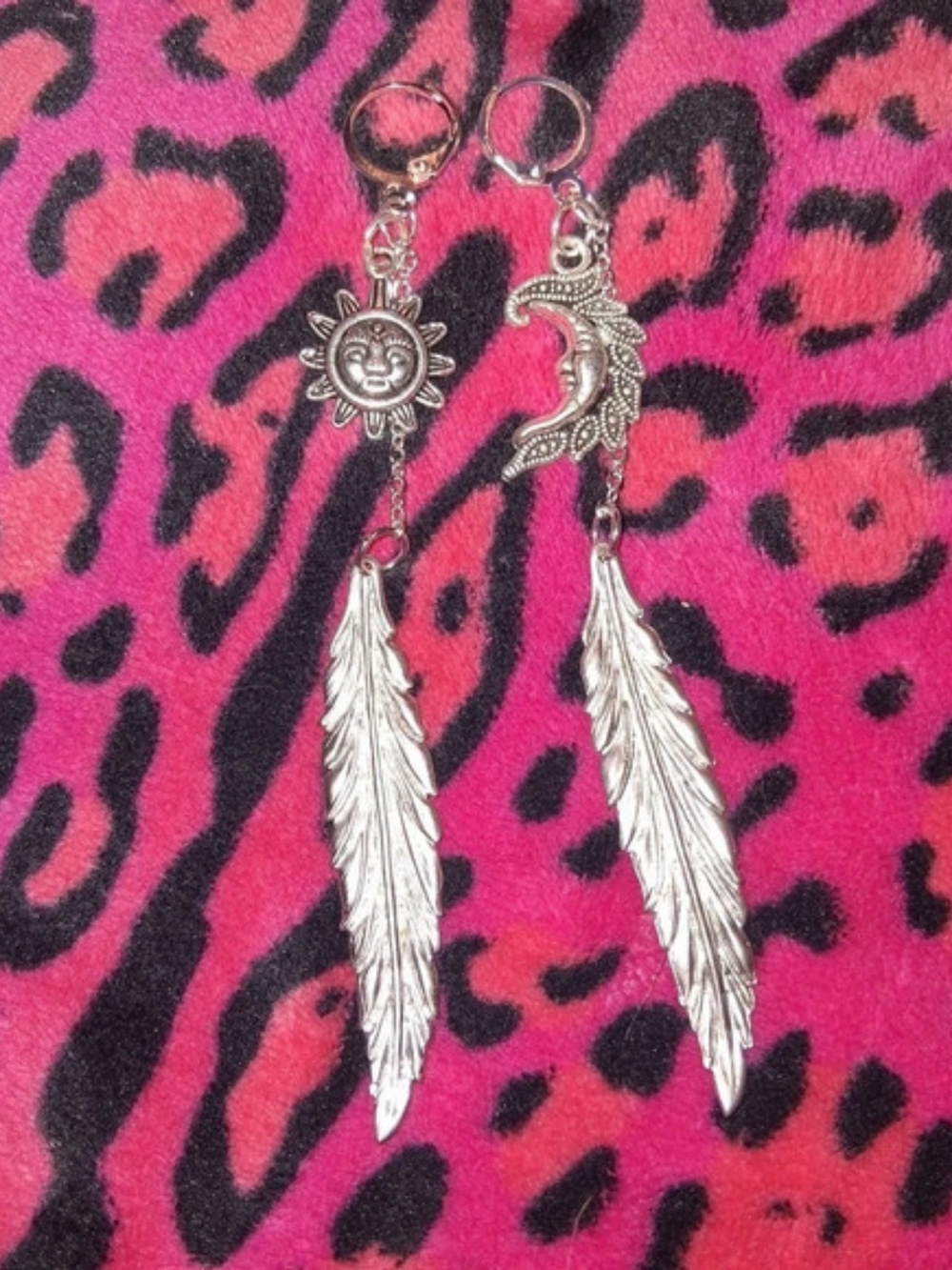 Sun & Moon Feather Earrings in Silver Like New
